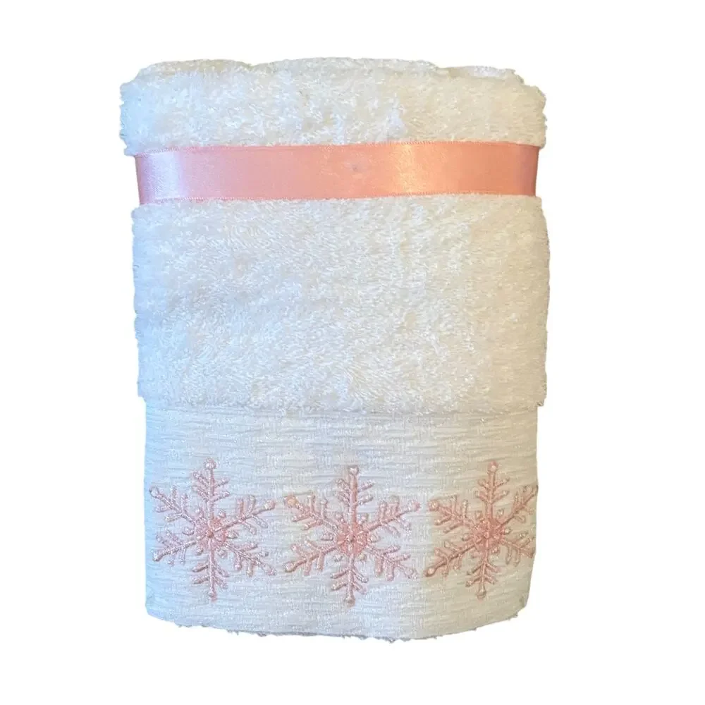 Granville Lane 2pk Christmas Hand Towels Embroidered Pink Snowflakes Cotton NEW